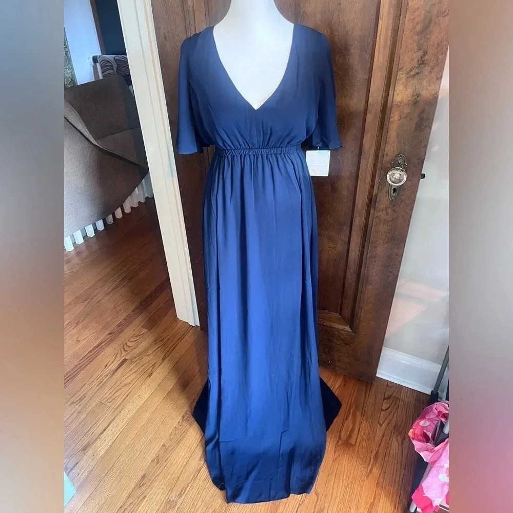Show Me Your MuMu Navy Maxi Style V Neck Dress Flutter Sleeves Women Size XS